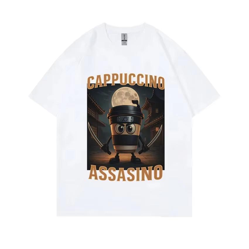 Italian Brainrot Cappuccino Assasino Funny Meme T-shirt Unisex Casual Humor Oversized T Shirts Men Women Vintage Cotton Tshirt