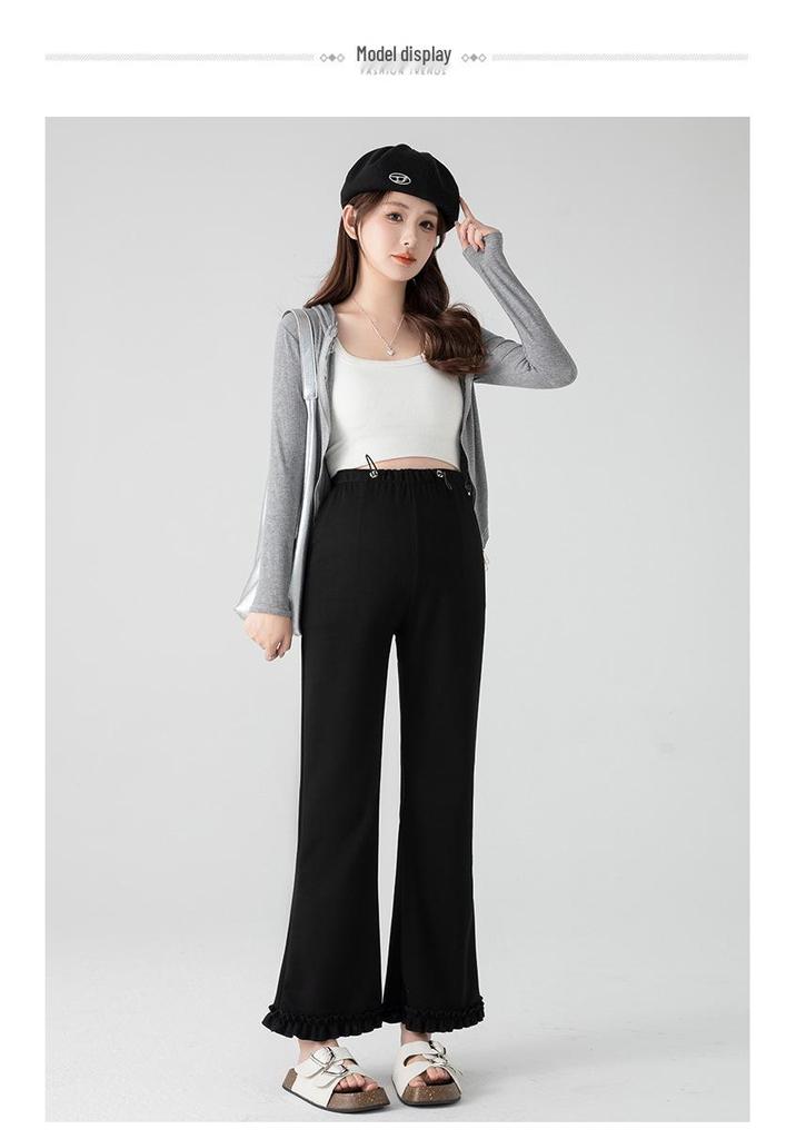 High Waist Ruffle Trim Maternity Pants - Spring & Autumn Micro Flare, Casual Loose Fit, Cropped Tailored.