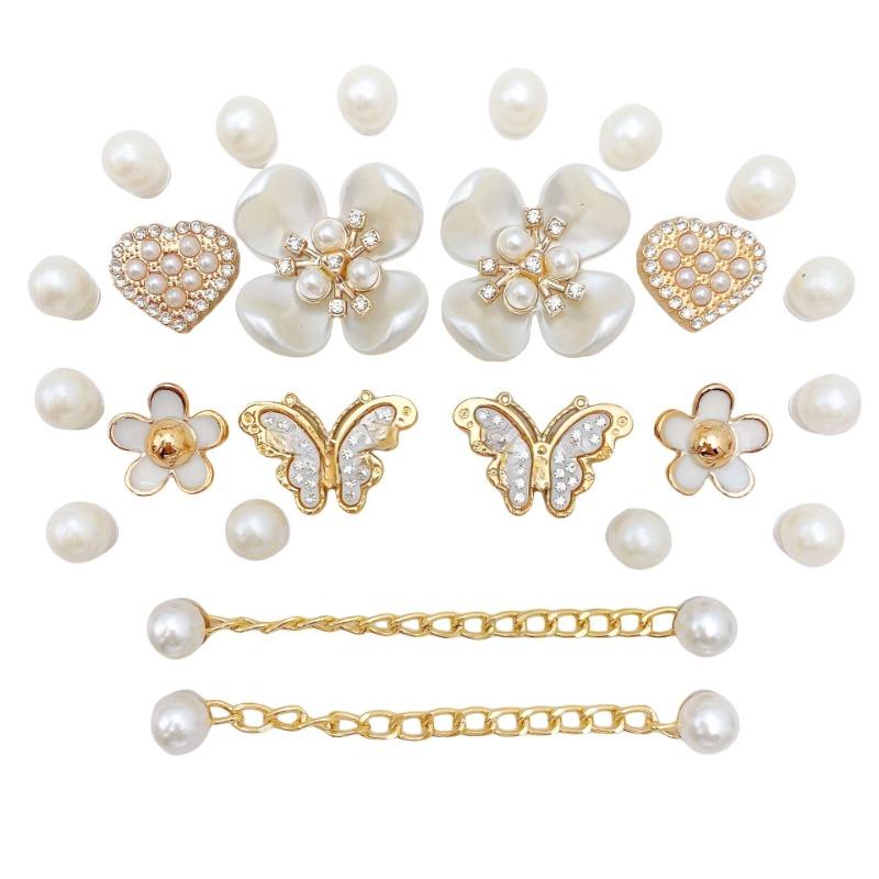 24PCS Summer Fashion Shoe Charms Set Accessories for Clogs Shoe Buckle Butterfly Pearl Flower Chain DIY Shoes Decorations