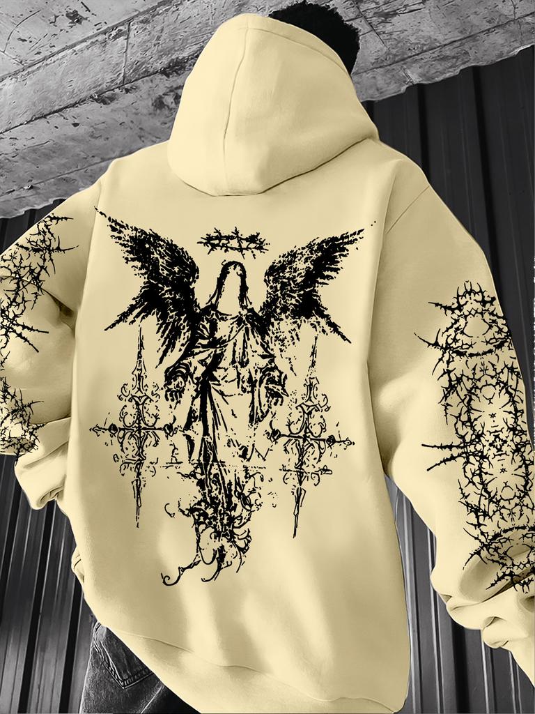 Angel-themed graffiti thorn print street hip-hop punk style hooded sweatshirt, regular fit men's sweatshirt, suitable for everyday wear.