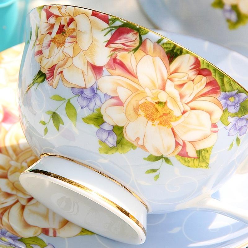 Floral Coffee Cups and Saucers with Spoon, 170ML Gold Trim Porcelain Cup for Cappuccino Latte,Bone China Tea Cups for Party High Tea