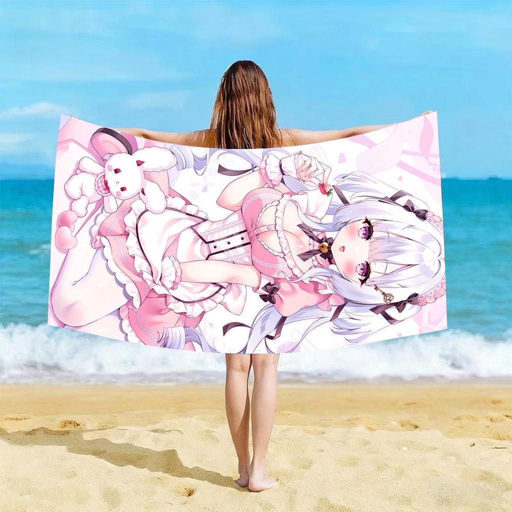 1Pc Cute Pink Anime Maid Girl Printed Beach Towel Quick Dry Sand Free Soft Microfiber Bath Towel For Kawaii Girls Swimming Pool