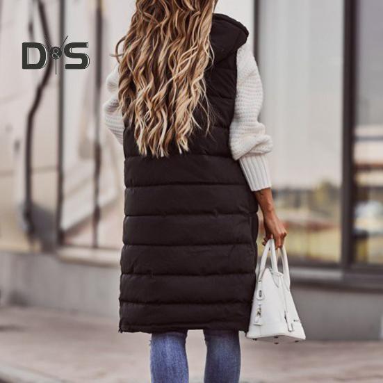 Dámská zimní vesta Kabát Vycpaný Jednobarevný Bez rukávů S kapucí Stahovací šňůrka Jednořadá Středně dlouhá Slim Fit Zip Kapsy na lemu Dámská Dlouhá zima