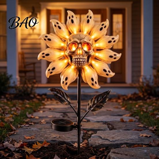 Unique Holiday Path Lighting for Patio Solar Powered Skull Sunflower Light, Waterproof Garden Stake Automatic Charging Scary Decor Halloween Yard Lawn