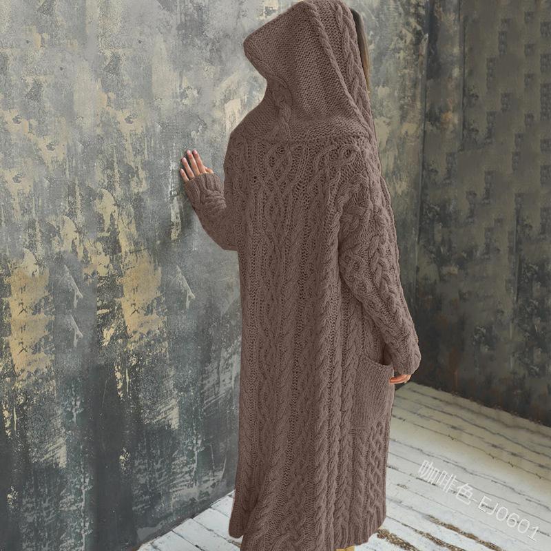 Women's Hood Neck Long Sleeve Cardigan Sweater Cape Fit British Style Solid Color Cable Knit Lazy Casual Commuter Long Knit Coat