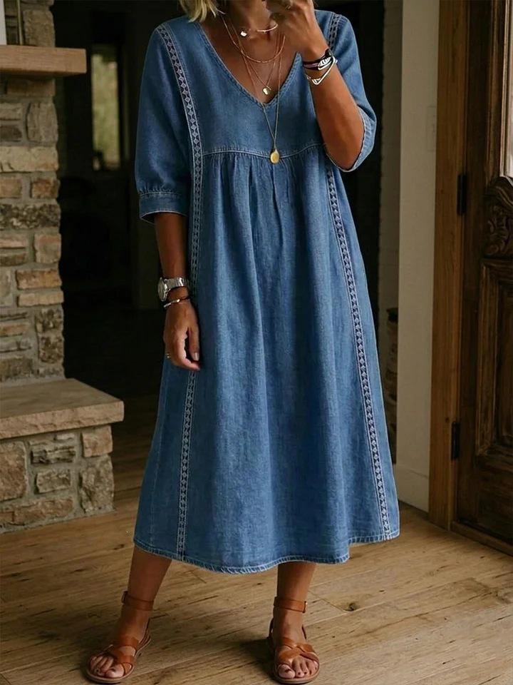 Abito Casual Europeo e Americano con Scollo a V, Patchwork e Bordi in Pizzo, Tessuto Lino-Cotone, Collezione 2026