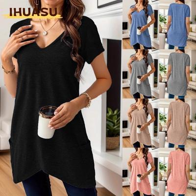Damenmode, lässig, einfarbig, kurzärmelig, V-Ausschnitt, Blusen und Hemden