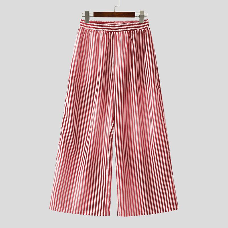 

INCERUN мужские эластичные талии полосатый принт повседневные свободные длинные широкие брюки брюки 2XL красный