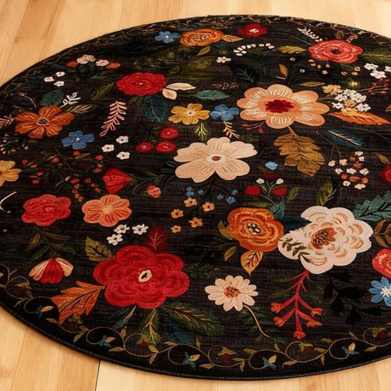 Tapis de Fleurs Absorbant Sèche Rapidement Rond Moelleux Floral Tapis de Sol Lavable Antidérapant Décoration Salon Chambre Salle de Bain Tapis