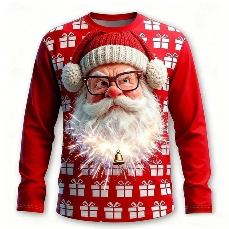 Christmas Men's Santa Claus Funny Long Sleeve T-shirt 3D Printed O-neck Tops Fashion Street Casual T-shirt