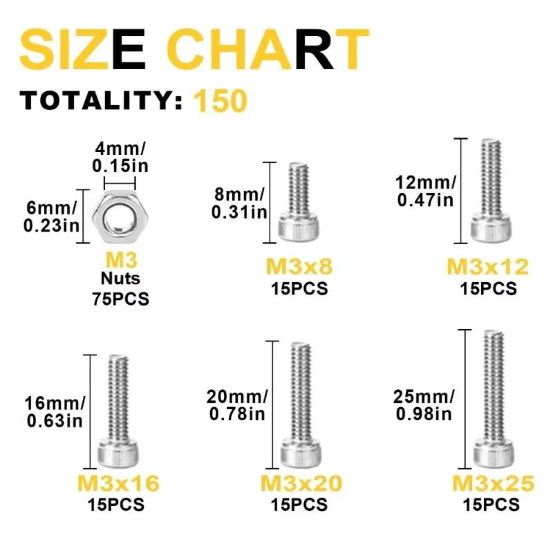 VKKM 150 Piece M3 304 Stainless Steel Hexagon Socket Screw Set, Multiple Sizes, Equipment Assembly, Essential for Fastening.