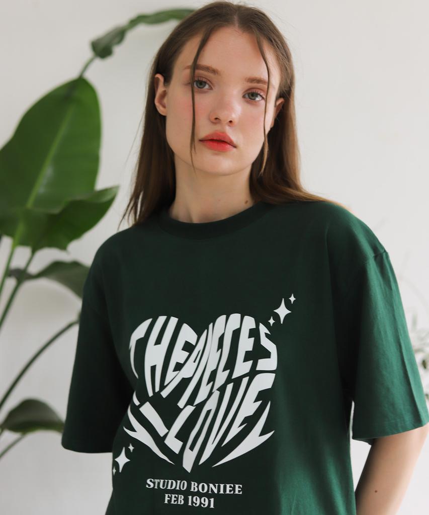 BONIEE Heart Symbol Graphic Loose Over T-Shirt Green