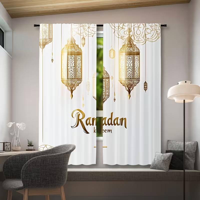 2PC Ramadan Lantern Curtains Gold Islamic Print Light Filtering Drapes Festive Home Decor for Living Room Bedroom
