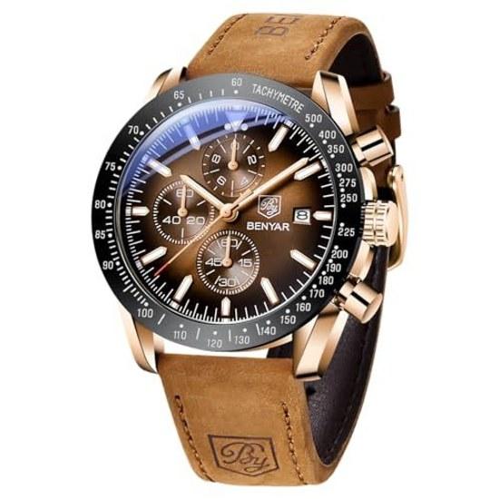 BENYAR Wristwatch Mens Watch Chronograph Analog 30M Waterproof Business Simple Stylish Popular Formal Leather Belt Quartz Gift Men