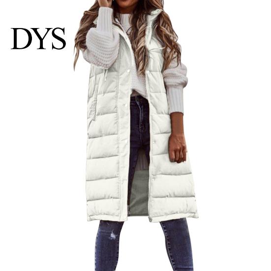 Winter Waistcoat Women Vest Coat Hooded Solid Color Zipper Closure Drawstring Padded Sleeveless Thick Mid Length Windproof Warm Lady Long