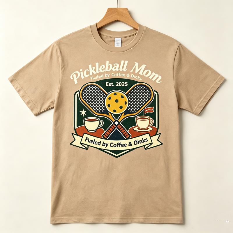 Pickleball Mom Fueled by Coffee Dinks Vintage Collegiate Crest Graphic T Shirt Unisex Casual Cotton Short Sleeve Tops Funny