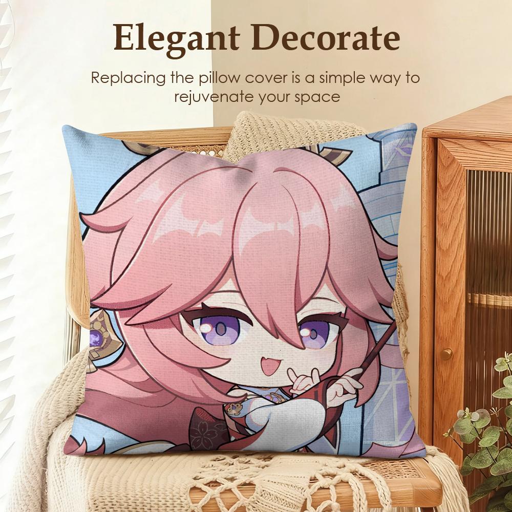 Yae Miko Cute Genshin Impact Cushion Cover Natural Linen Organic Fabric DoubleSided Printing Sofa Home Decor Gift Pillow Case