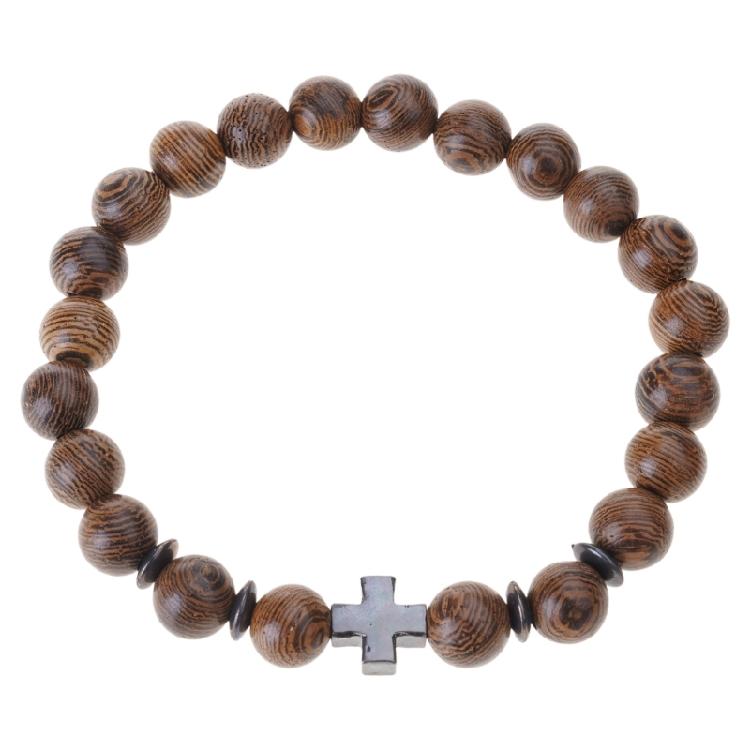 Handmade Natural Wood Bead Cross Bracelet Men Charm Beaded Elastic Bracelets