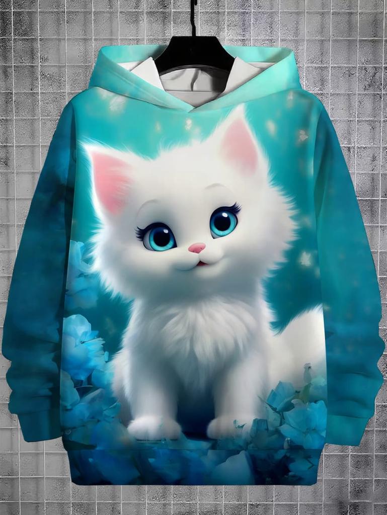 Girls Clothes Hoodies for Kids Cute Cartoon Cat Printed Hoodie Spring Autumn Casual Tops Fashion Sweatshirt Children's Clothing