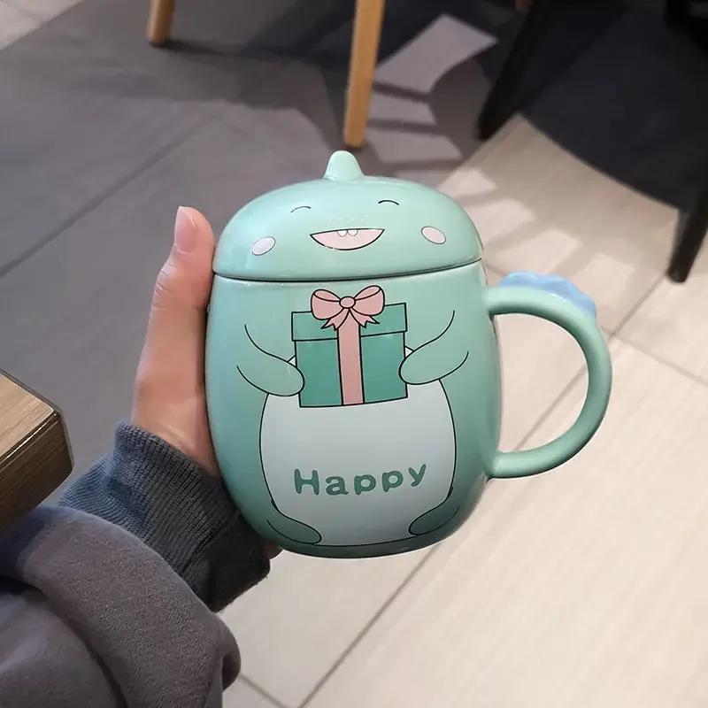 450ml Cute Tiger Dinosaur Ceramics Coffee Mug with Spoon Creative Hand Painted Drinkware Milk Tea Cups Novelty Gifts