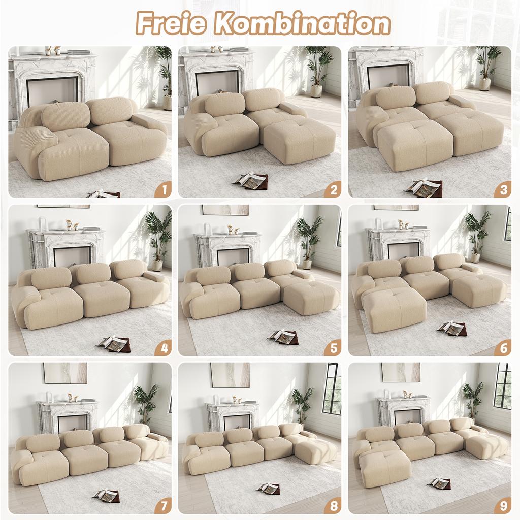 4-Seater Sofa Soft Corduroy, Frameless, 32D High-Elastic Padding, Pet-Friendly, Vacuum-Packed, Combinable, No Assembly for Bedroom and Office, Beige