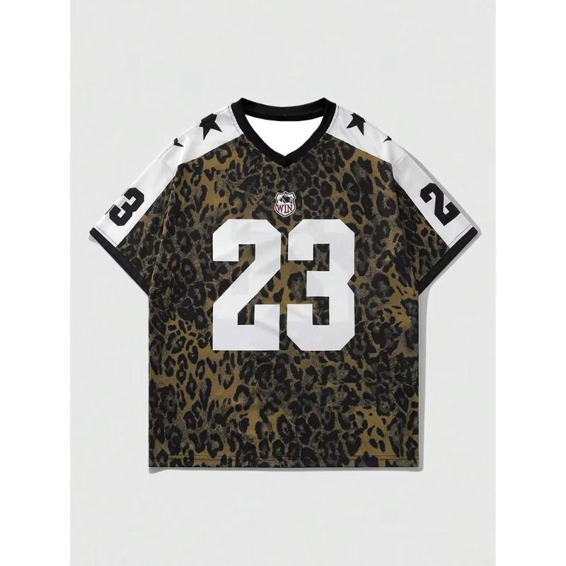 Summer Street Hip-Hop Style Sporty V-Neck Short Sleeved Leopard Print Lettering Pattern Loose Quick-Drying Women's T-Shirt
