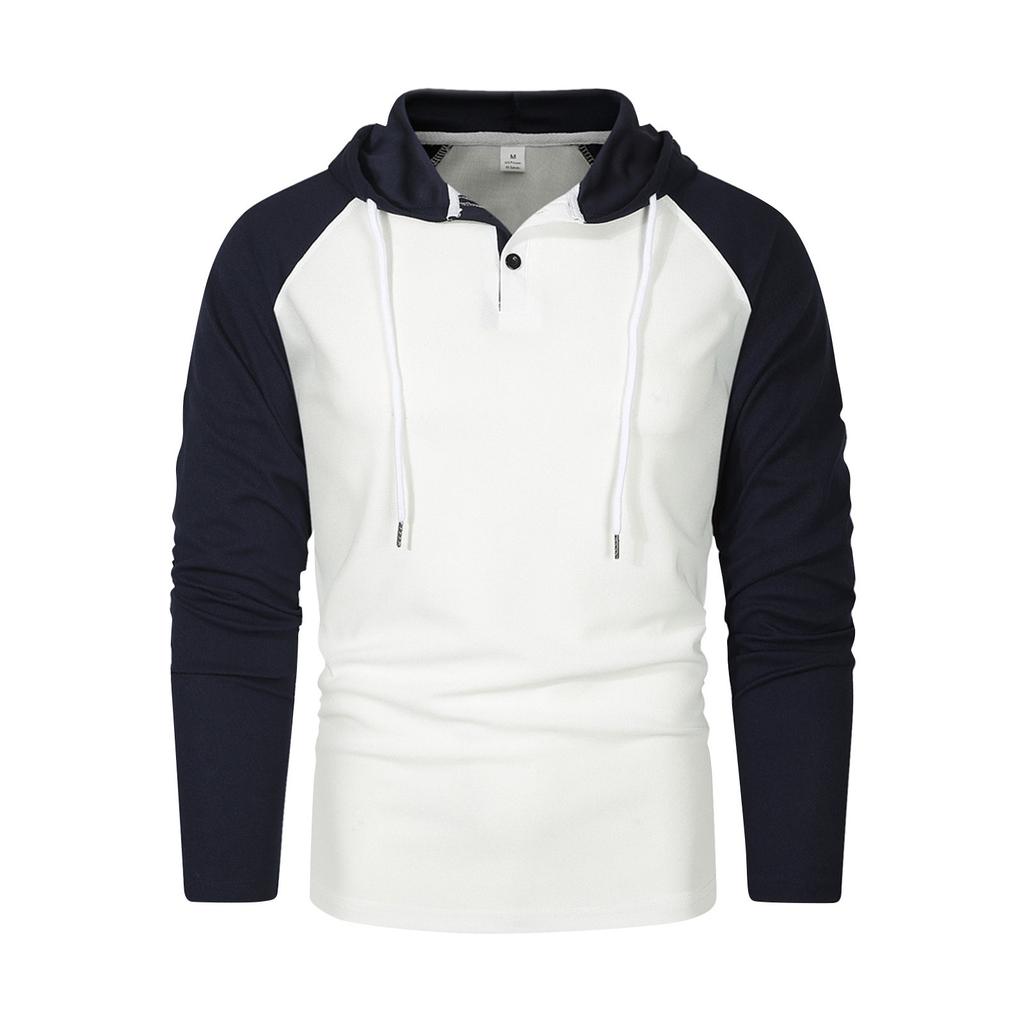 Men's Raglan Sleeve Colorblock Button Collar Hooded Sweatshirt Men's Sports Large Size Casual Pullover Sweatshirt