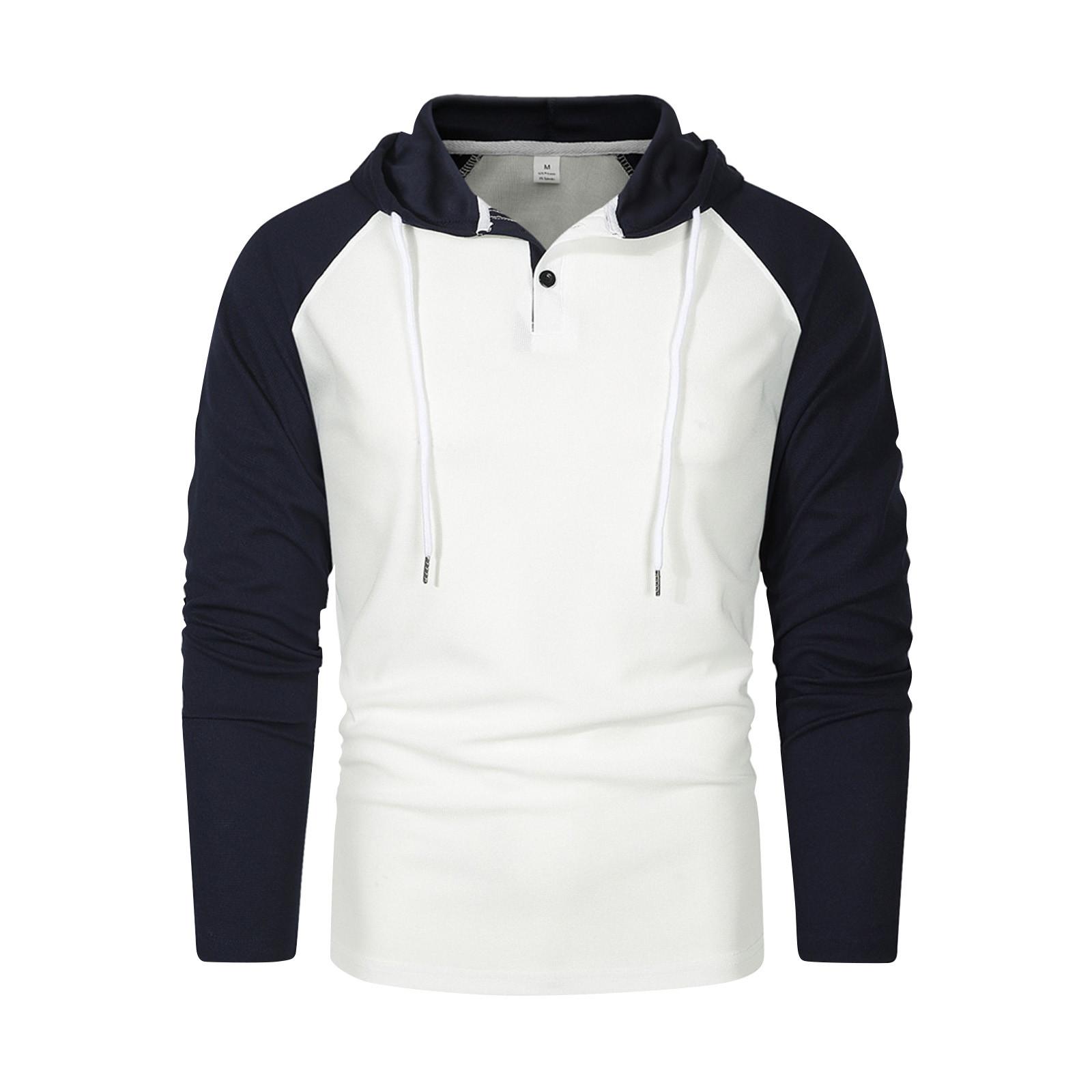 

Мужской свитшот с рукавами реглан, цветной блок, воротник на пуговицах, капюшон, спортивный, большого размера, повседневный пуловер XL белый