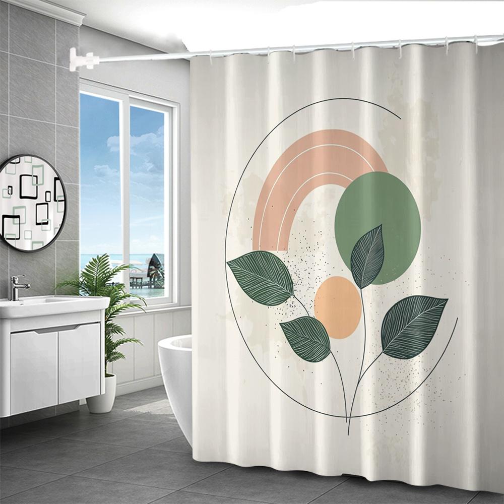 Polyester Duschvorhang - Blatt- & Regenbogen-Print, Beige Hintergrund, Keine Haken Benötigt, Moderne Badezimmer Sichtschutz-Dekoration