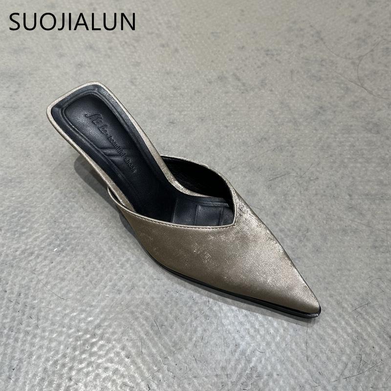 Fashion SUOJIALUN 2024 Spring New Women Slipper Fashion Pointed To Shallow Slip On Mules Shoes Thin High Heel Ladies Elegant Sandals