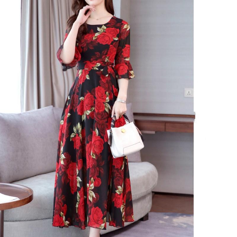 Summer Print Large Size Dress Long Paragraph Fashion Slim Big Swing Beach Skirt Female
