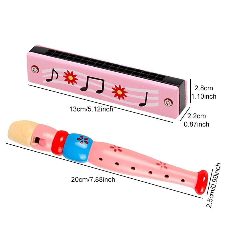 Cartoon Mini Instruments Set Suitable for Beginners 6-hole Wooden Flute Harmonica Colorful Party Favors Festival Gift TMZ