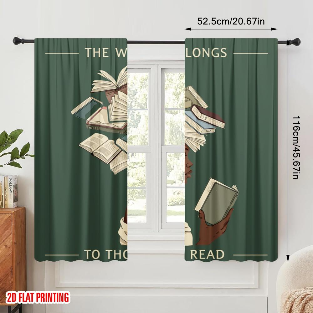 2pcs 2D flat printing Curtains Books Belong Read Wisdom Polyester Without Electricity Holiday Decorations Use for Holiday Party