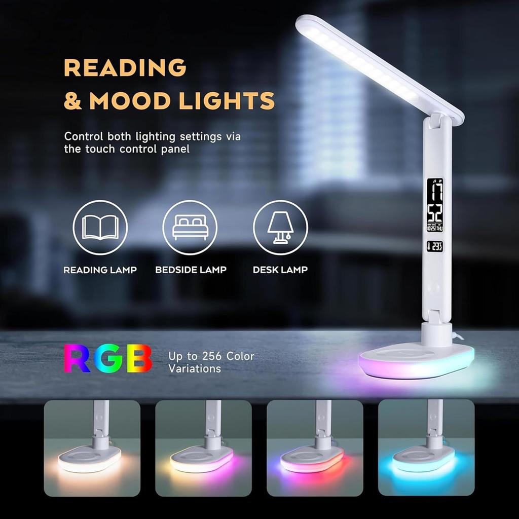 Multifunctional Desk Lamp Mobile Phone Wireless Fast Charging Colorful Ambient Light Alarm Clock Display Night Light Portable