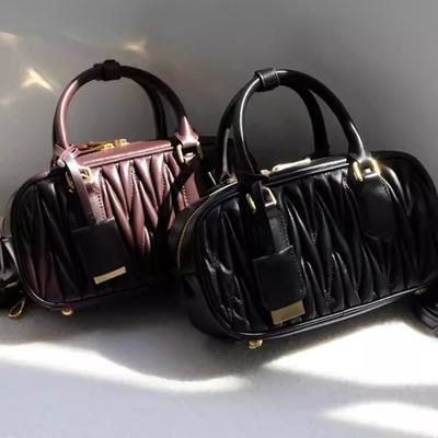 High-end Lambskin Bowling Handbag Embroidered Thread Pleated Leather Small Square Bag Single Shoulder Messenger Women's Bag