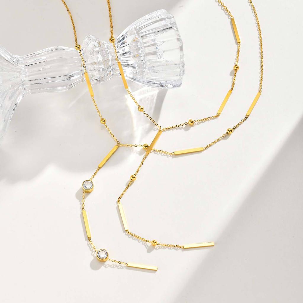Fashion Stainless Steel Square Strip Bead Separator Y-Shaped Tassel Women'S Necklace Gold Jewelry Accessories Nc-2049