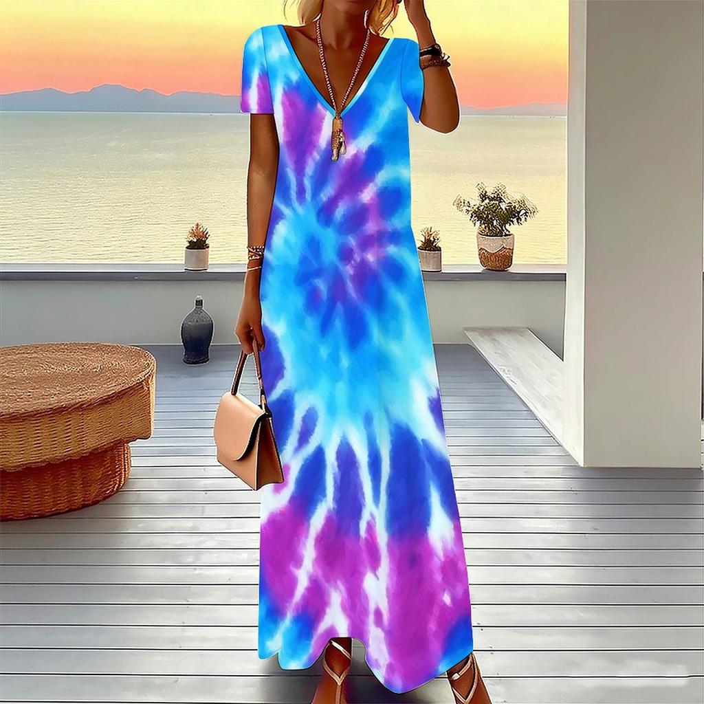 Women Plus Size Short Sleeve V Neck Maxi Dress Marble Swirl Print Loose Casual Summer Beach Long Dress