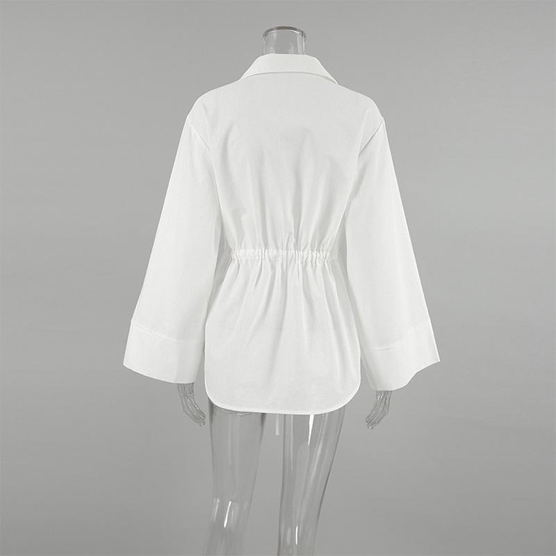Bílá bavlněná šněrovací košile stahující pas Jednoduchá móda Dámské halenky Polo límeček Jednořadé Dlouhý rukáv Top Dojíždění HarajukuStyl Jaro Léto