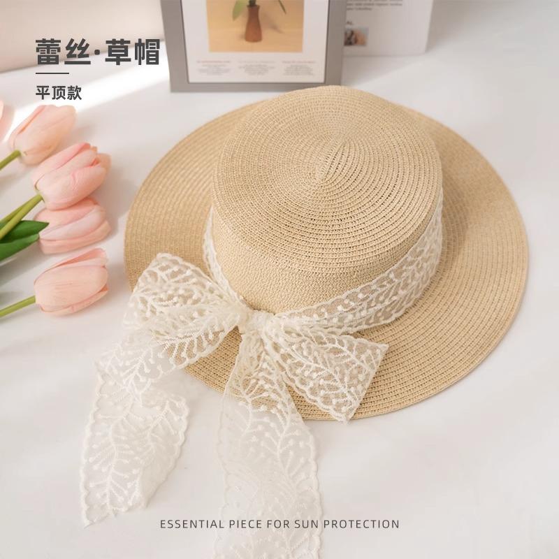 Lace Bow Straw Hat Women's Summer French Large Brim Sunscreen Hat Seaside Beach Vacation Sun Hat
