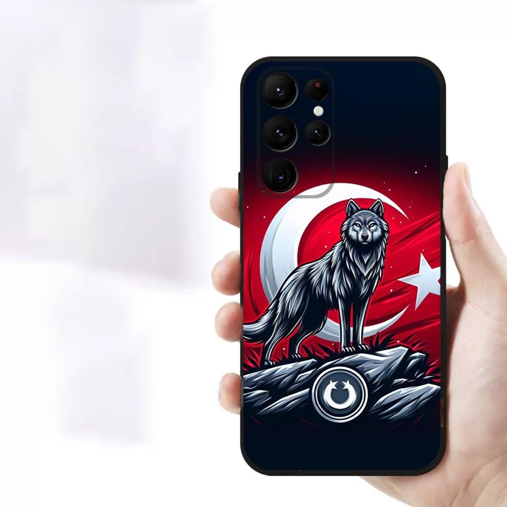 Turk Wolf Turkey Flag Phone Case For Samsung S23,23,22,30,21,10,9,Note20 Ultra,Lite,Ultra,5G,Plus,FE,Black Soft Case