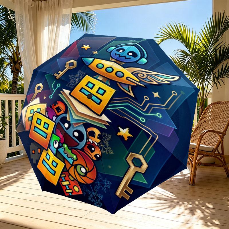 Geometry Dash Print Automatisk Åben Lukke Paraply, Bærbar Foldbar Paraply, til Udendørs Pendling Campingtur, Ideel Fødselsdagsgave