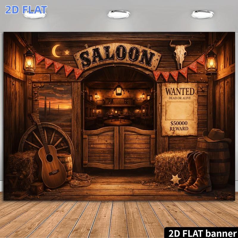 2D flat 1-piece product Western cowboy salon banner background fabric with wooden doorXY