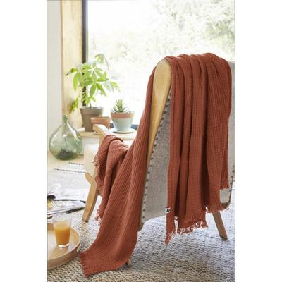 "Gaïa" Fringed Blanket All Sizes "Cotton Gauze" - Gaïa Terracotta - 130 X 160 Cm