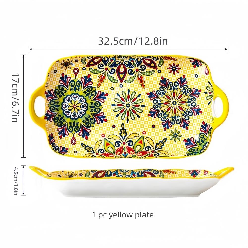 1pc Bohemian style ceramic fish dish with handle: 12.8-inch rectangular dining table tray, suitable for microwave and oven