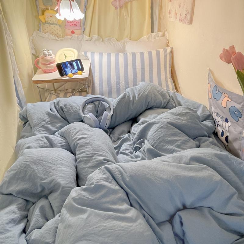 INS Seersucker Stripes Duvet Cover Pillowcases Flat Sheet Girls Bedding Set Washed Cotton Solid Color Bed Linen Single Size