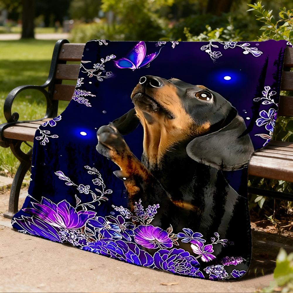 1pc Floral Dachshund Outdoor Flannel Blanket , Machine Washable Perfect Gift for Birthday , Holiday Travel Accessory , Durable Material