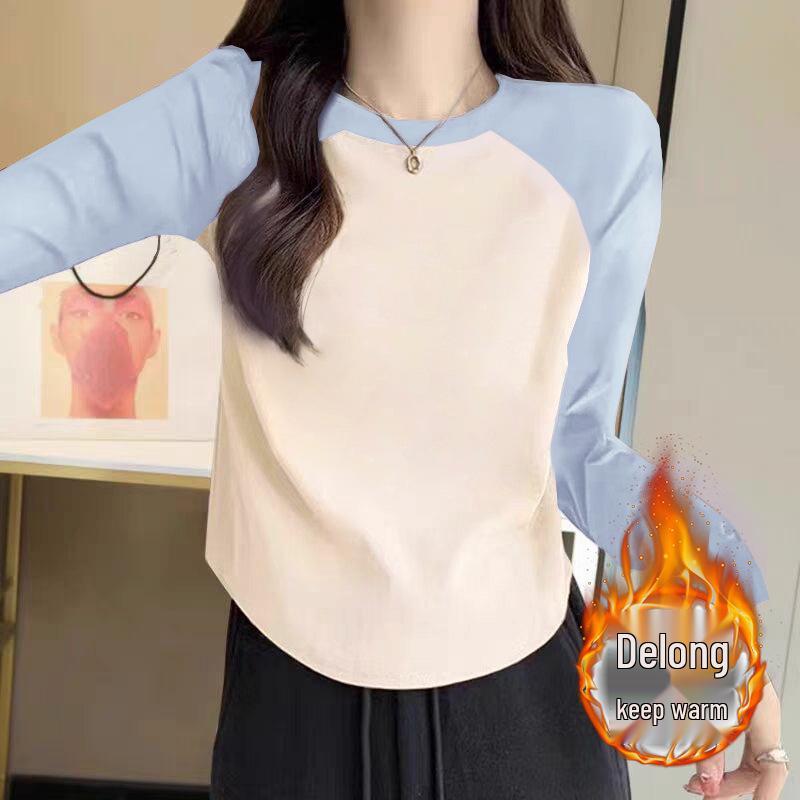 

2024 A/W Curved Hem Petite Raglan Double-Sided Velvet Long-Sleeve Women s Chic Base Layer Top L