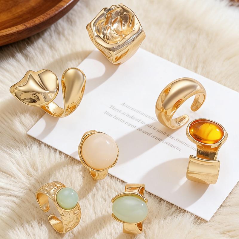 Vintage Trend Colored Resin Geometric Open Ring Set for Women Personality Metal Wrinkling Adjustable Ring Punk Party Jewelry Set