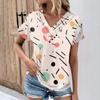 Modă de Primăvară și Vară pentru Femei Tricou Retro Imprimat Top cu Mânecă Scurtă cu Guler în V cu Nasturi Plisați