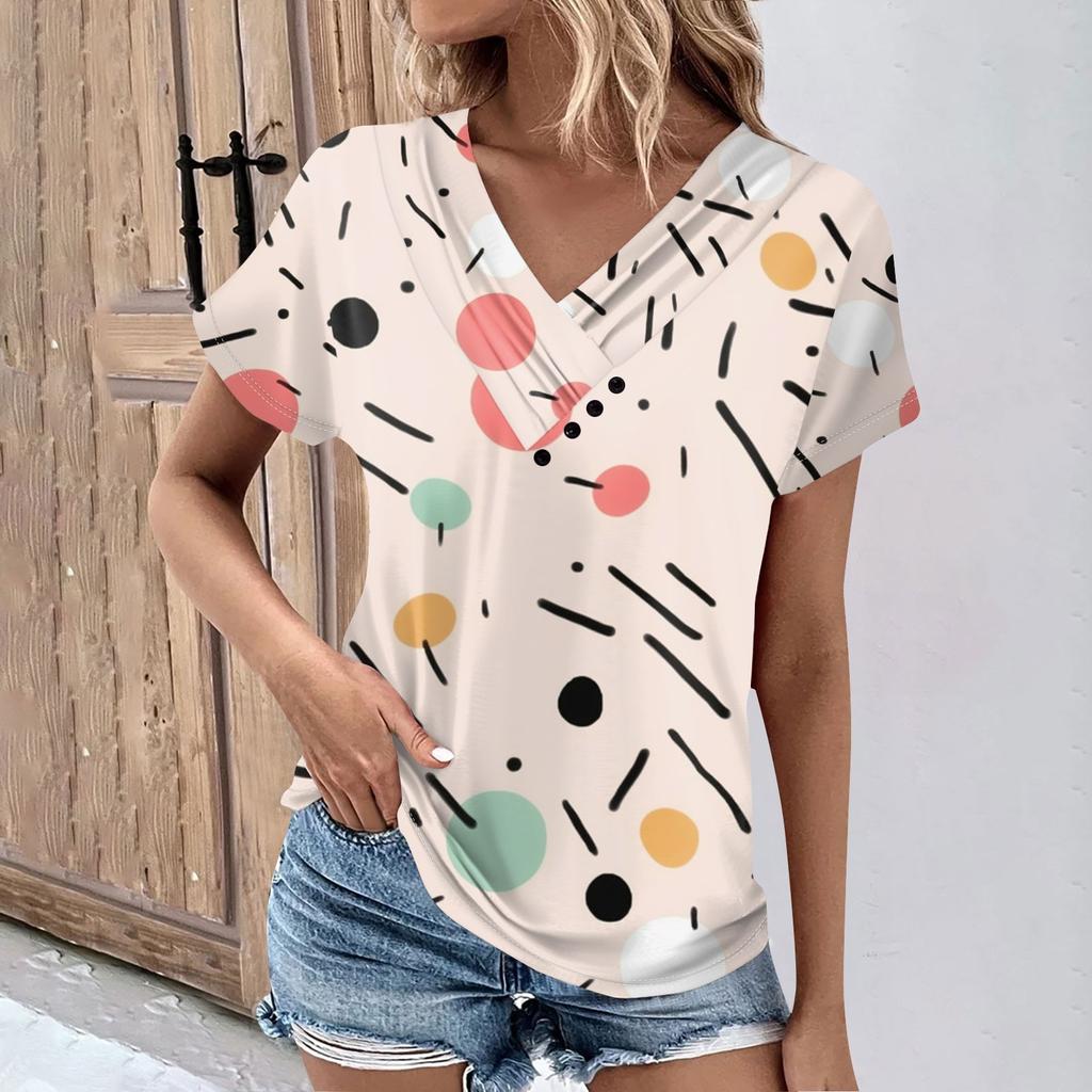 Modă de Primăvară și Vară pentru Femei Tricou Retro Imprimat Top cu Mânecă Scurtă cu Guler în V cu Nasturi Plisați